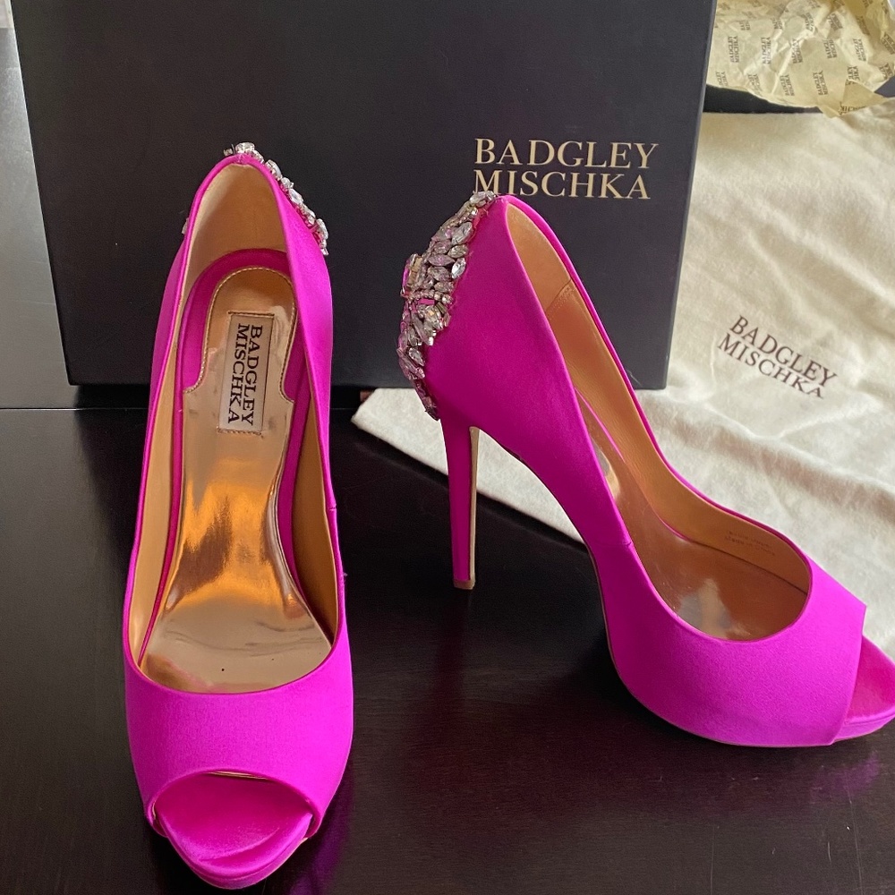 Badgley Mischka Kiara Embellished Peep Toe Pink Satin Heels